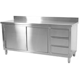 Commercial Worktop Floor Cupboard Sliding Doors 3 Drawers Stainless Steel 2000x600x850mm Upstand |  Vtc206 R3 B