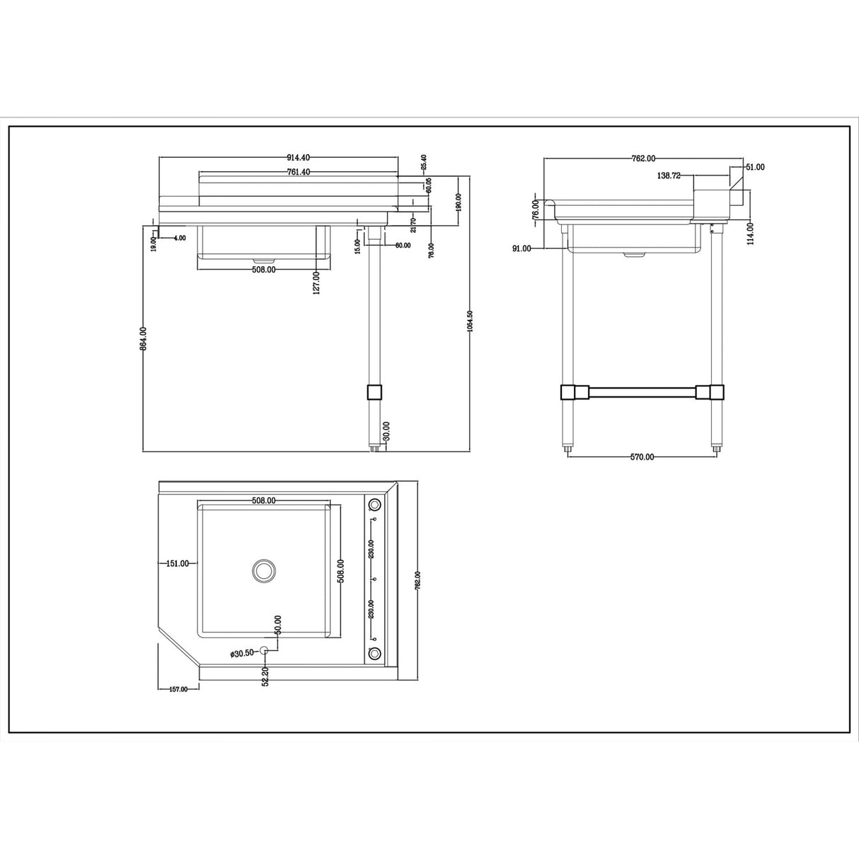 Commercial Stainless Steel Pass Through Dishwasher Table With Sink Right 914mm Width |  Dc1 T3036 Rightsink