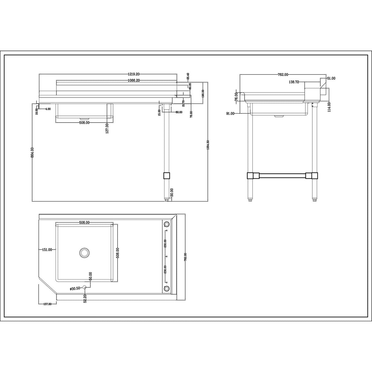 Commercial Stainless Steel Pass Through Dishwasher Table With Sink Right 1219mm Width |  Dc1 T3048 Rightsink