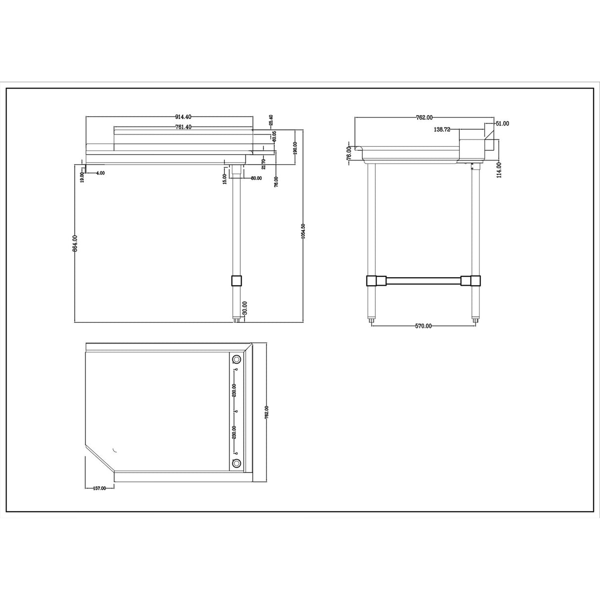 Commercial Stainless Steel Pass Through Dishwasher Table Right 914mm Width |  Dcot3036 Right