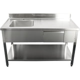 Commercial Sink With 1 Drawer Stainless Steel 1 Bowl Left Bottom Shelf Splashback 1400x600x950mm | Dsa140601 Dl