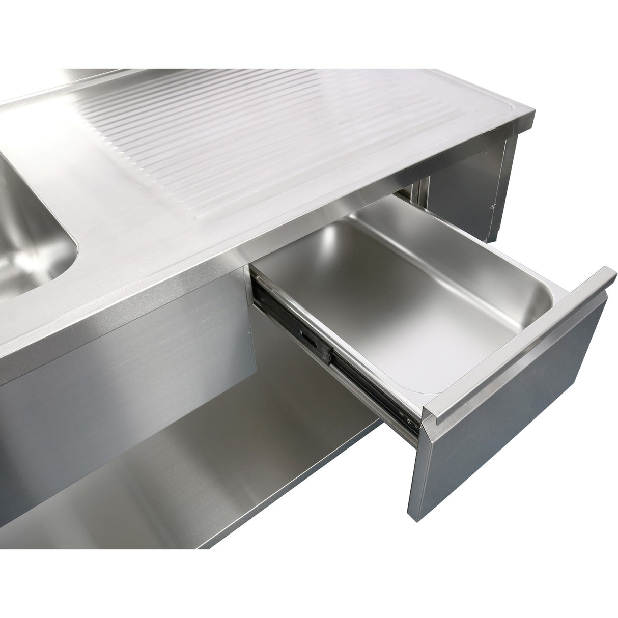 Commercial Sink With 1 Drawer Stainless Steel 1 Bowl Left Bottom Shelf Splashback 1400x600x950mm | Dsa140601 Dl