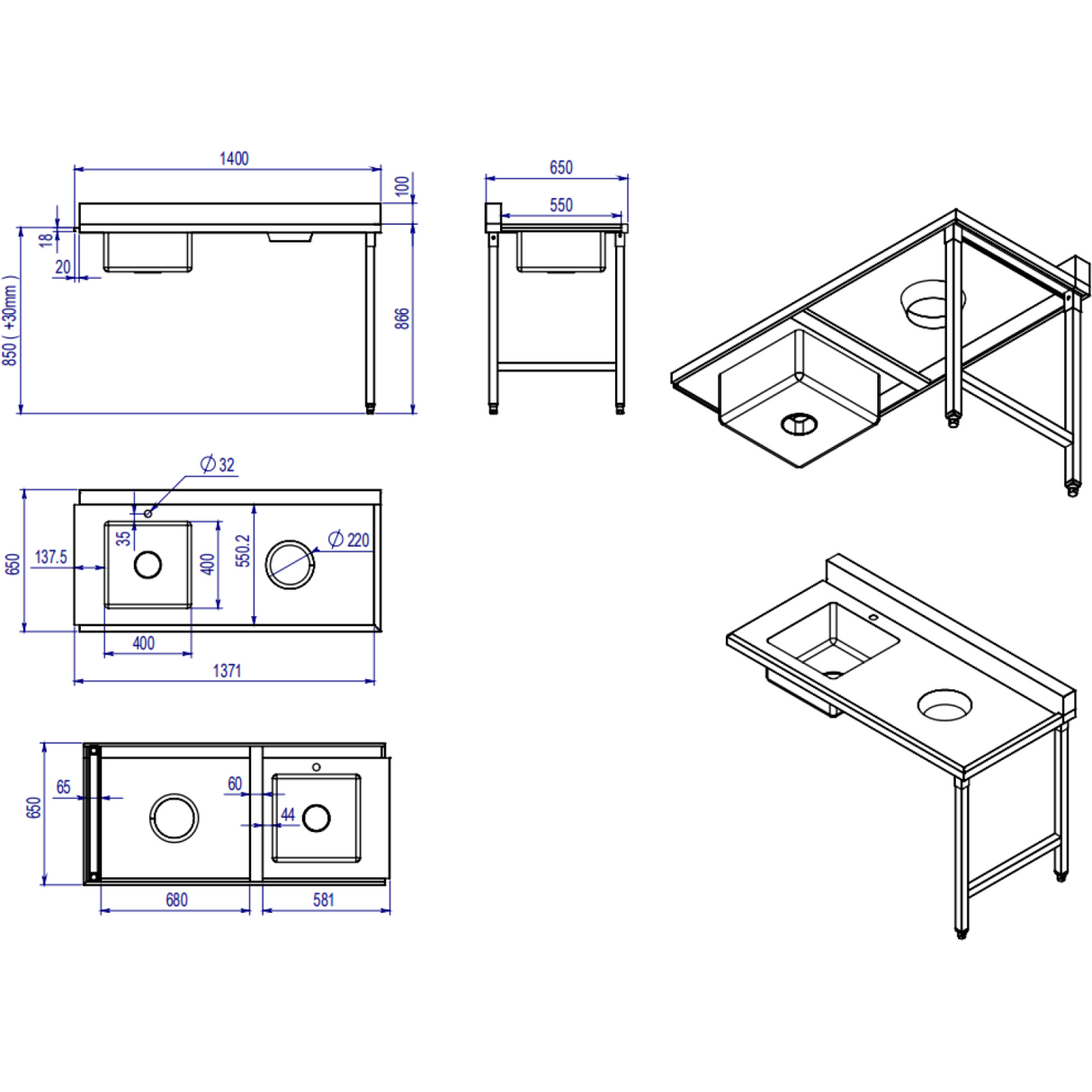 Loading Table Right Side 1400x650x850mm With Sink With Waste Hole With Splashback Stainless Steel |  Dwitc1465 L