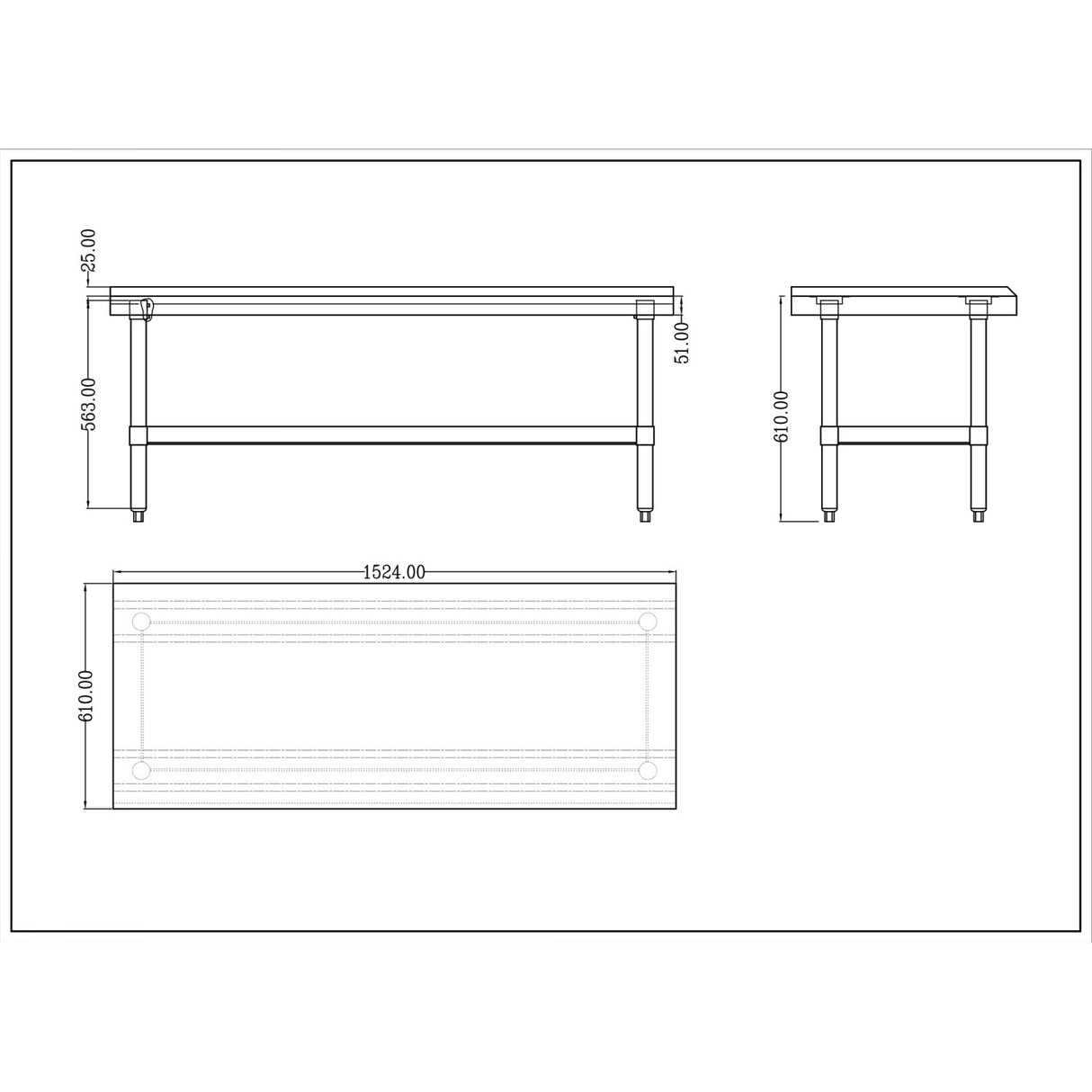 Commercial Equipment Stand / Low Height Table Stainless Steel Bottom Shelf 3 Side Upstand 1500x600x600mm |  Ees2460