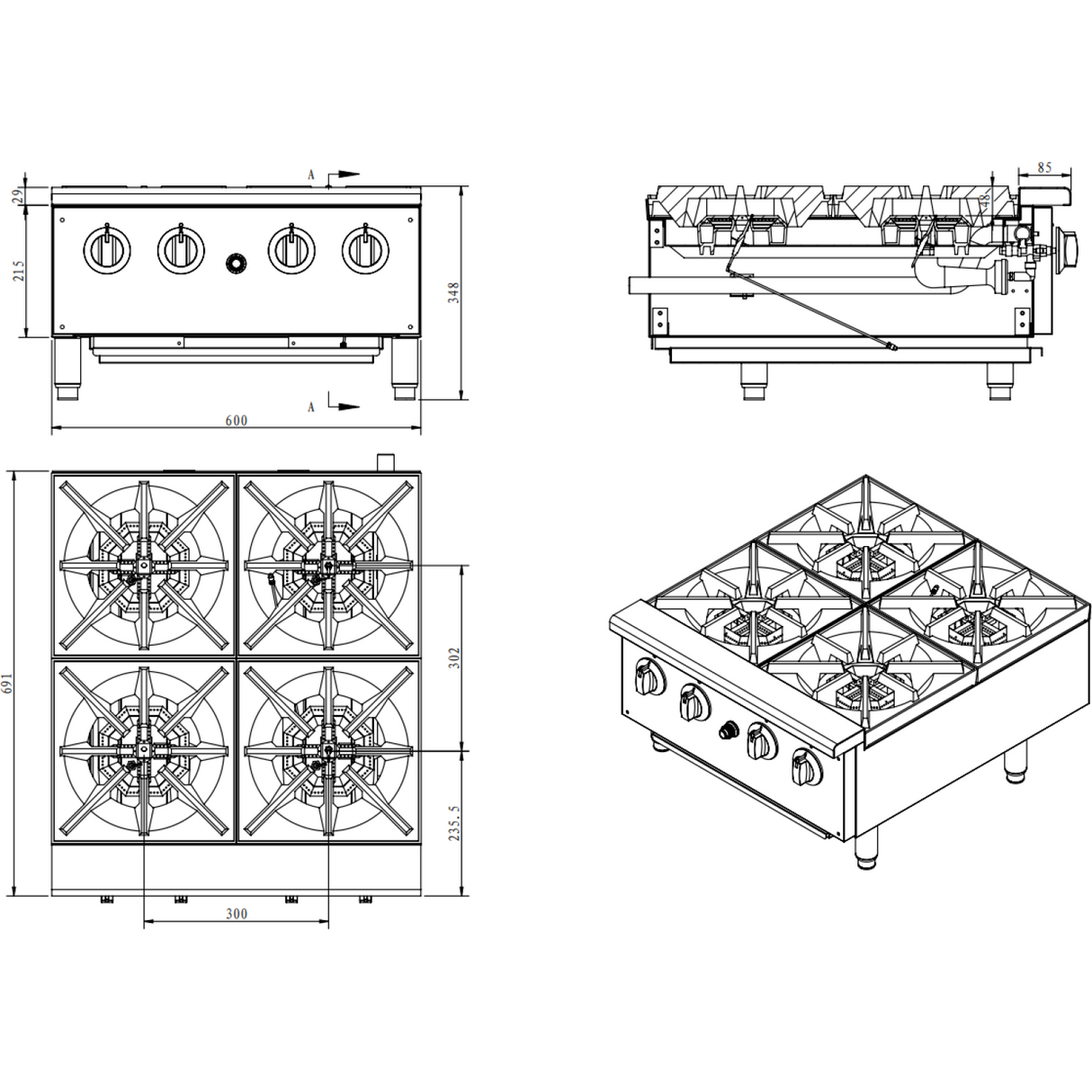 Professional Gas Hotplate Cooker 4 Burners 28k W Countertop |  Ehp4 S