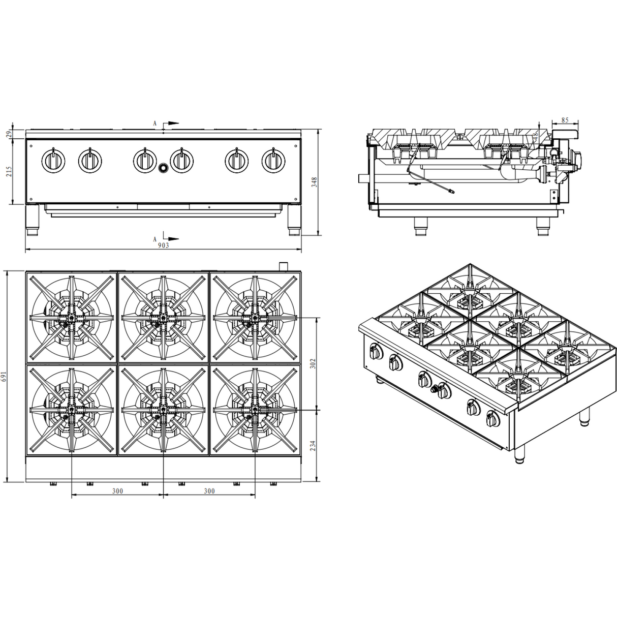 Professional Gas Hotplate Cooker 6 Burners 42kW Countertop |  EHP6S