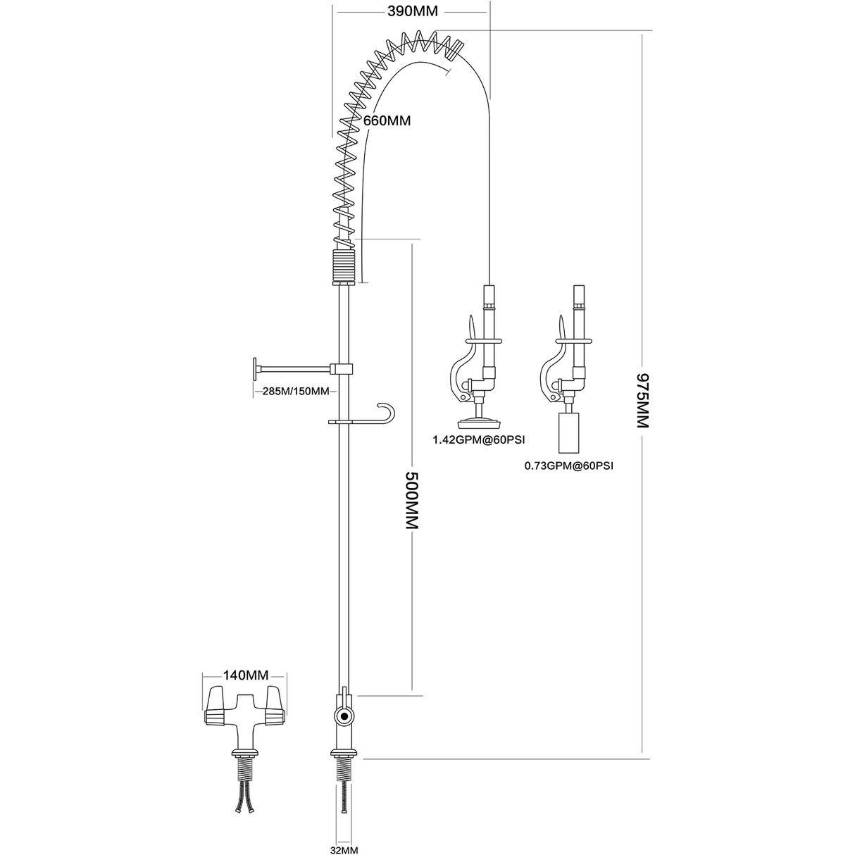 Pre Rinse Spray Unit Deck Mount Double Inlet Height 1000mm Stainless Steel |  Eq2801 A