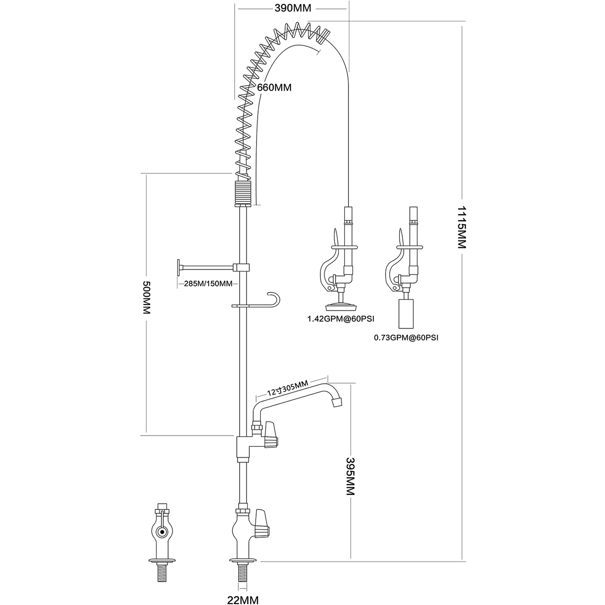 Pre Rinse Spray Unit With Swing Faucet Deck Mount Single Inlet Height 1000mm Stainless Steel |  Eq2803 A12