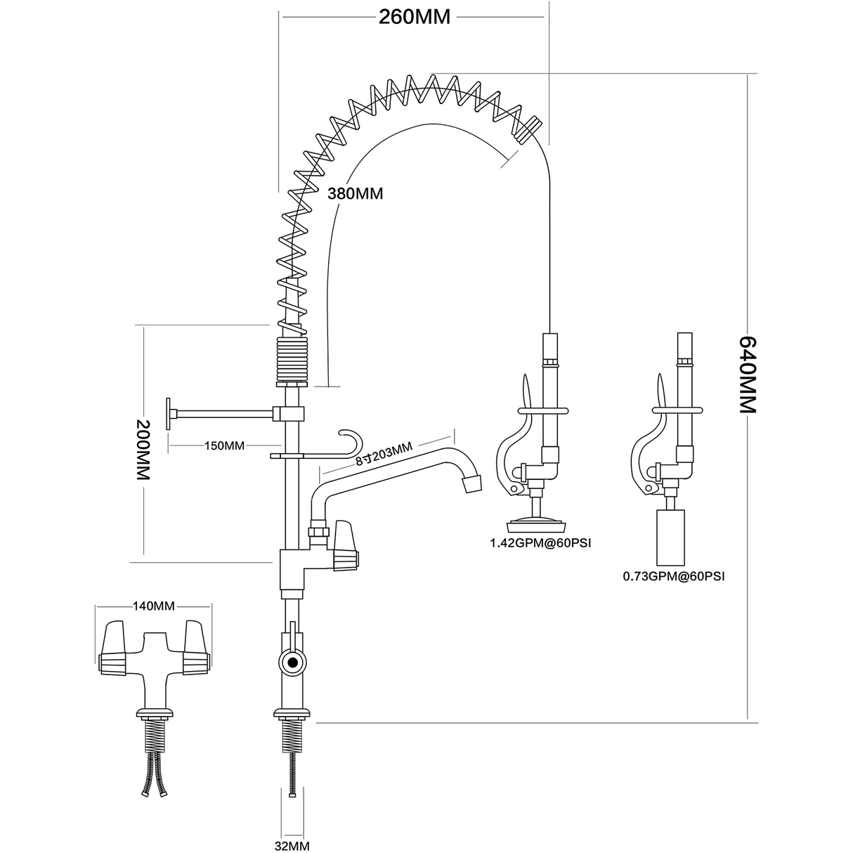 Pre Rinse Spray Unit with Swing faucet Deck mount Double inlet Height 600mm Stainless steel |  EQ7801A08