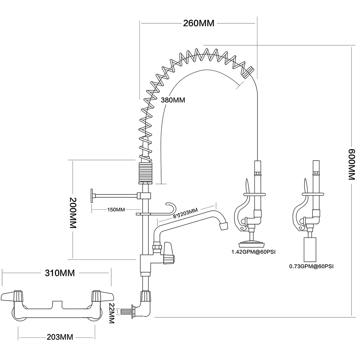 Pre Rinse Spray Unit With Swing Faucet Wall Mount Double Inlet Height 600mm Stainless Steel |  Eq7802 A08