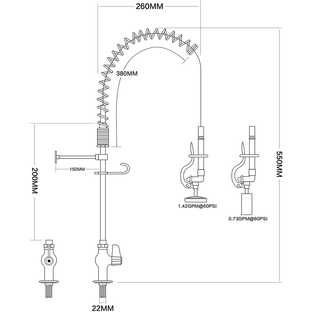 Pre Rinse Spray Unit Deck mount Single inlet Height 600mm Stainless steel |  EQ7803A