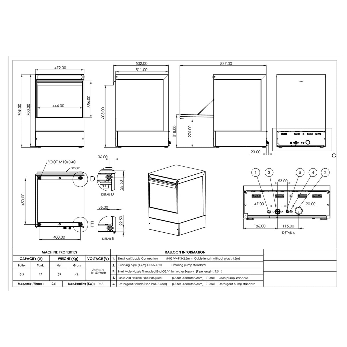 Commercial Undercounter Dishwasher With 400mm Basket And Rinse, Detergent &Amp; Drain Pump | Evw20 Made In Europe