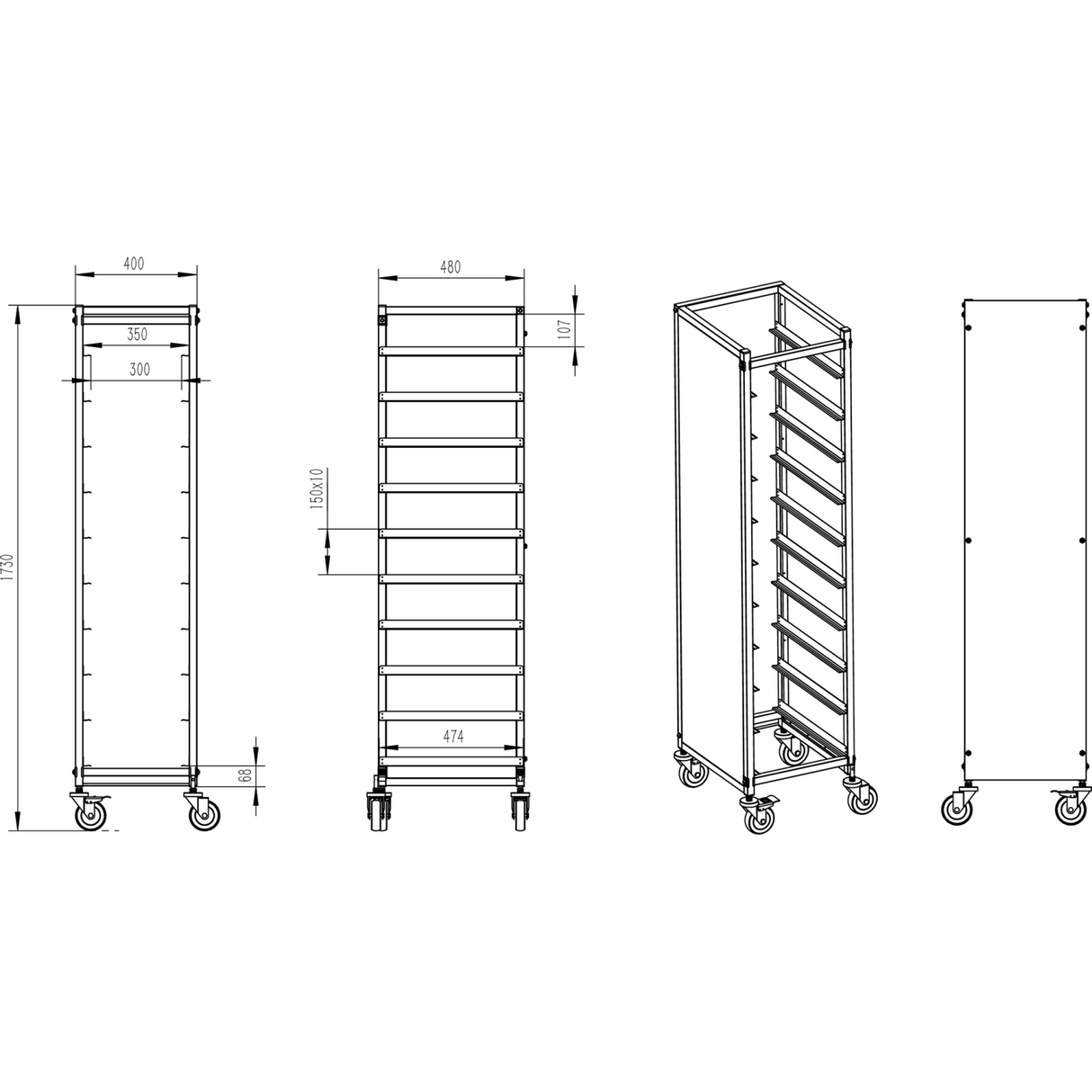 10 Tier Rack/Tray/Pan Trolley For Width 310 350mm Covered Sides Stainless Steel |  Pt10 P