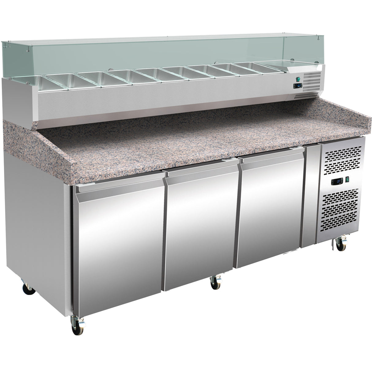 Pizza Prep Station/Counter 3 doors Granite top Refrigerated Counter top display 9xGN1/3 Depth 150mm |  PZ36+PT36