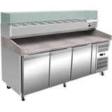 Pizza Prep Station/Counter 3 doors Granite top Refrigerated Counter top display 10xGN1/4 Depth 150mm |  PZ36+PT36