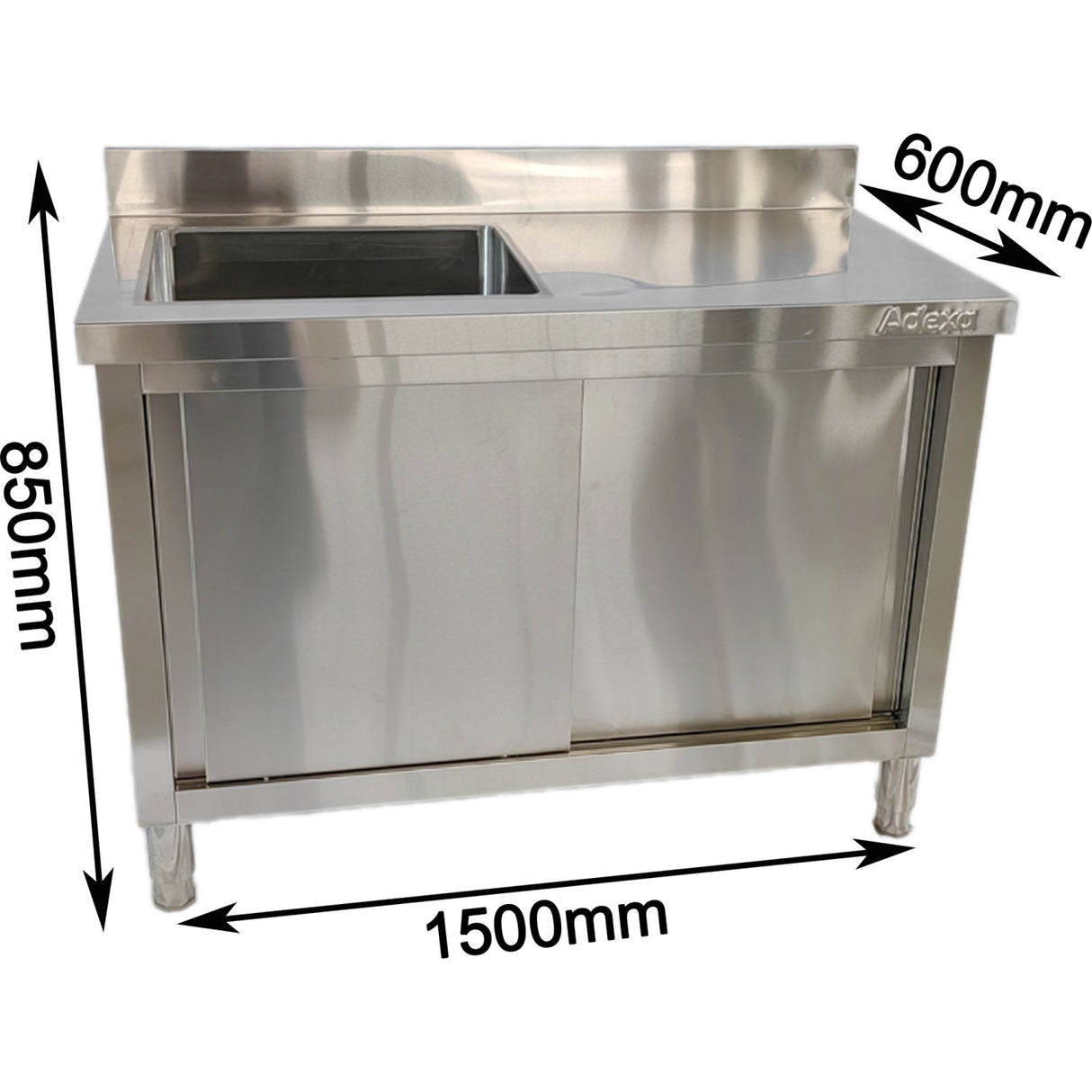 Commercial Stainless Steel Sink With Cupboard &Amp; Splashback 1 Bowl Left Side 1500x600x850mm | Qnh1006