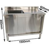 Commercial Stainless Steel Sink With Cupboard &Amp; Splashback 1 Bowl Left Side 1500x600x850mm | Qnh1006