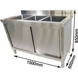 Commercial Stainless Steel Sink With Cupboard &Amp; Splashback 3 Bowls 1500x600x850mm | Qnh1010