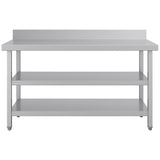 Commercial 3 Tier Stainless Steel Work Table With Undershelves And Backsplash 1500x600x850mm | Qnh1148
