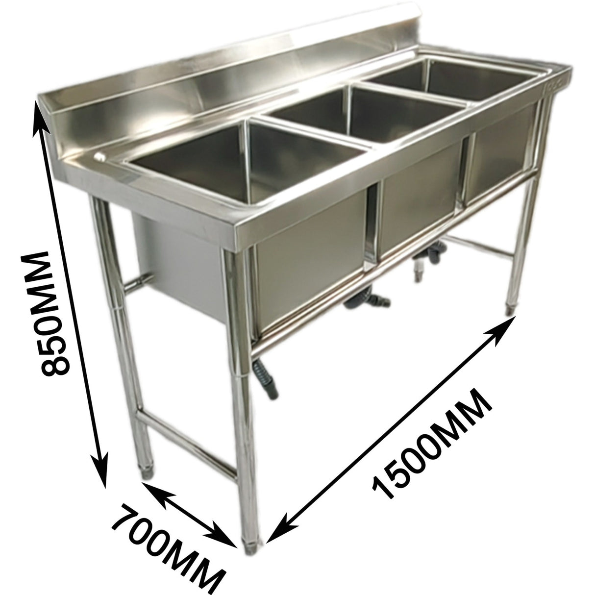 Commercial Stainless Steel Triple Sink With Splashback And Stand 1500x700x850mm | Qnh706