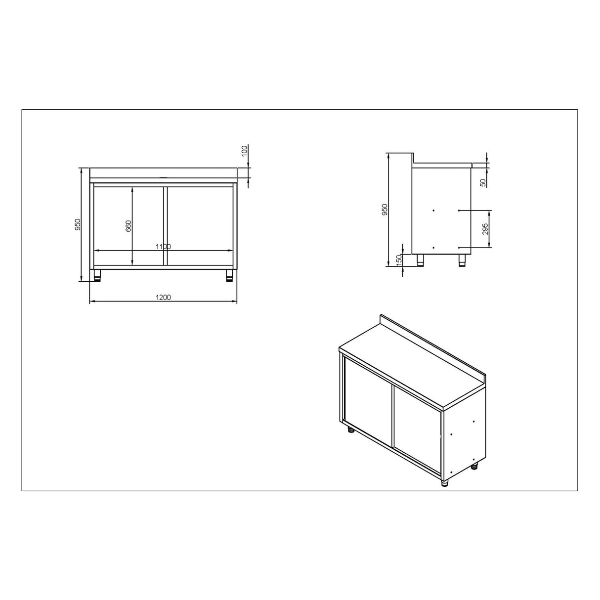 Commercial Stainless Steel Sliding Door Work Table Cabinet With Shelf And Backsplash 1200x600x950mm | Qnh802