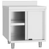 Commercial Stainless Steel Sliding Door Work Table Cabinet With Shelf And Backsplash 600x600x950mm | Qnh808