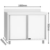Commercial Stainless Steel Sliding Door Work Table Cabinet With Shelf And Backsplash 1000x600x950mm | Qnh812