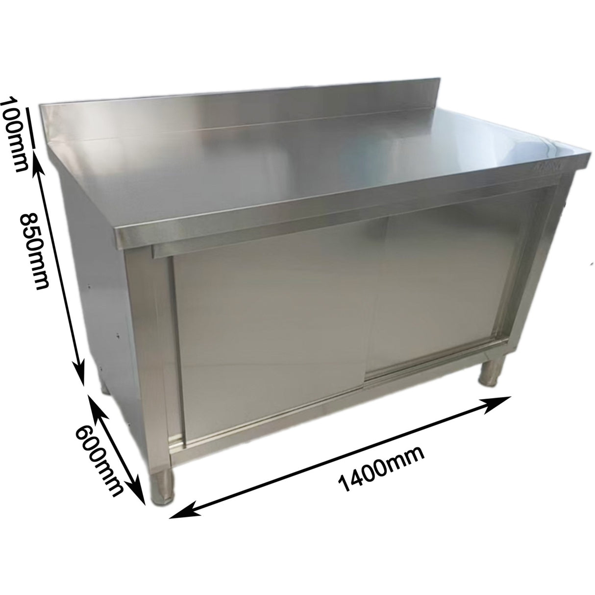 Commercial Stainless Steel Sliding Door Work Table Cabinet With Shelf And Backsplash 1400x600x950mm | Qnh814