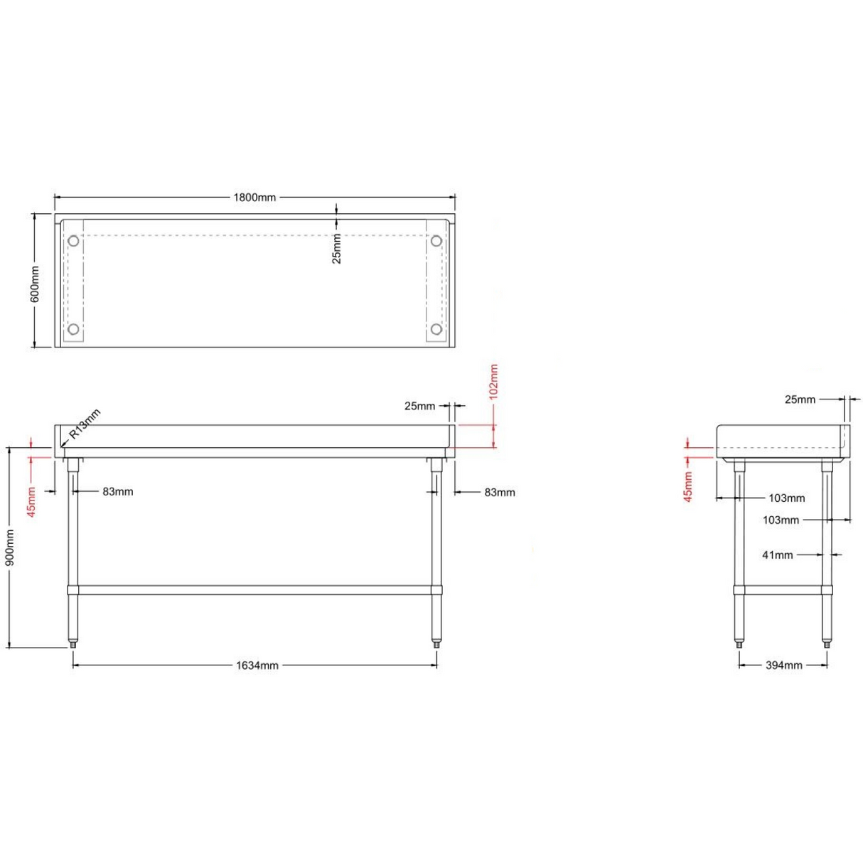 Bakery Work Table Wood Top 1800x600x900mm |  Rwtg600 X1800