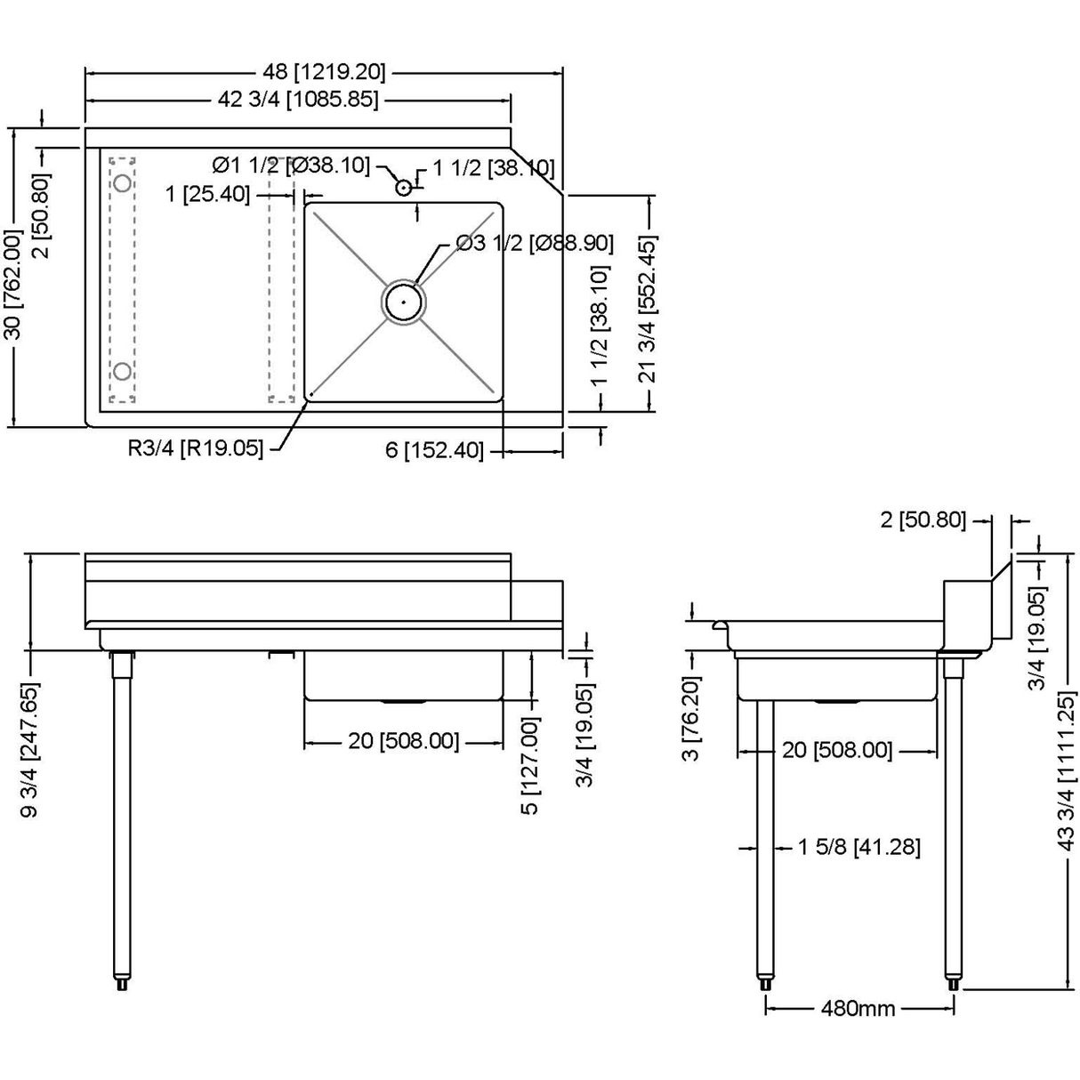 Commercial Stainless Steel Pass Through Dishwasher Table With Sink Left 1219mm Width |  Sdt48 L