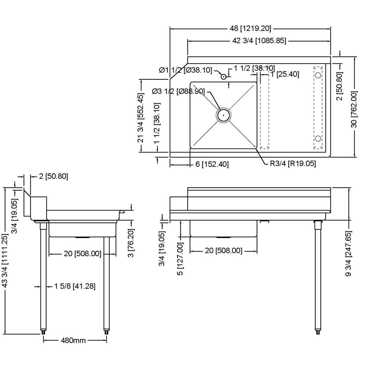 Commercial Stainless Steel Pass Through Dishwasher Table With Sink Right 1219mm Width |  Sdt48 R