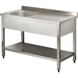 Commercial Sink Stainless Steel 1 Bowl Left Bottom Shelf Splashback 1400mm Depth 700mm |  Thstr147 Bl1