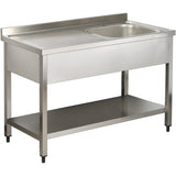 Commercial Sink Stainless Steel 1 Bowl Right Bottom Shelf Splashback 1200mm Depth 700mm |  Thstr127 Br1