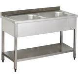 Commercial Sink Stainless steel 2 bowls Bottom shelf Splashback 1400mm Depth 700mm |  VS147BT