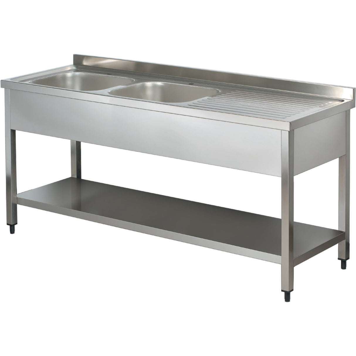 Commercial Sink Stainless Steel 2 Bowls Left Bottom Shelf Splashback 1600mm Depth 600mm |  Thstr166 Bl2