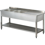 Commercial Sink Stainless Steel 2 Bowls Left Bottom Shelf Splashback 1400mm Depth 600mm | Thstr146 Bl2