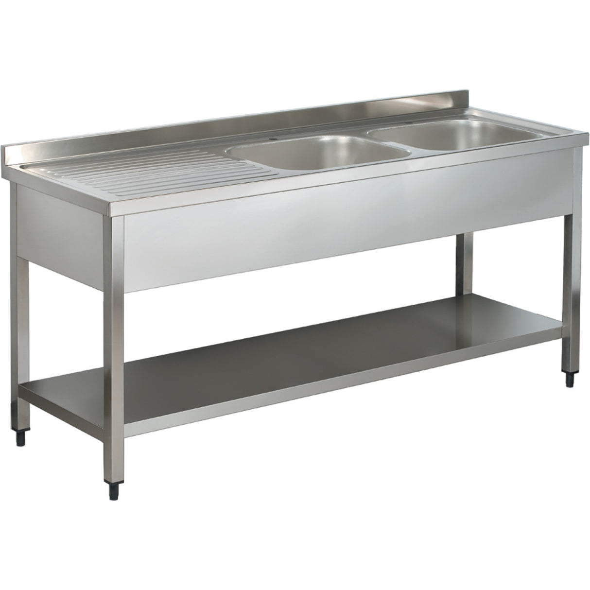 Commercial Sink Stainless Steel 2 Bowls Right Bottom Shelf Splashback 1400x600x950mm | Yls146 Br2