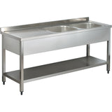 Commercial Sink Stainless Steel 2 Bowls Right Bottom Shelf Splashback 1400x600x950mm | Yls146 Br2