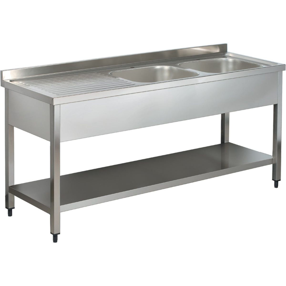 Commercial Sink Stainless Steel 2 Bowls Right Bottom Shelf Splashback 1600mm Depth 600mm | Thstr166 Br2