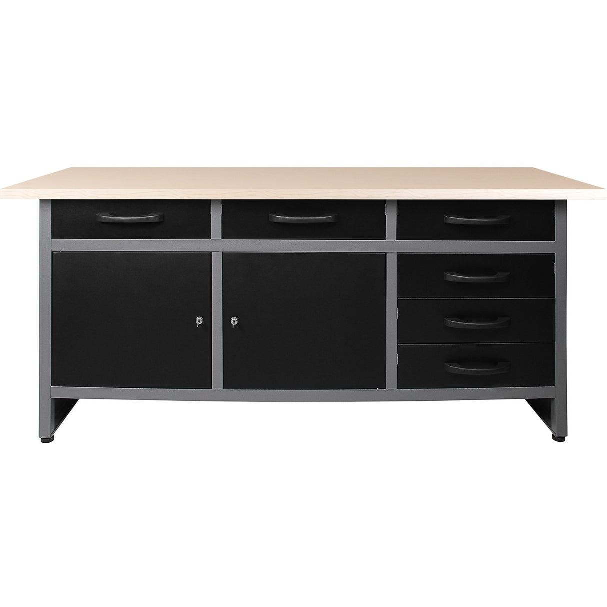 Professional Grey &Amp; Black Workshop Workbench With 30mm Wooden Desktop 6 Drawers &Amp; 2 Lockable Doors 1600x600x850mm |  Tc008