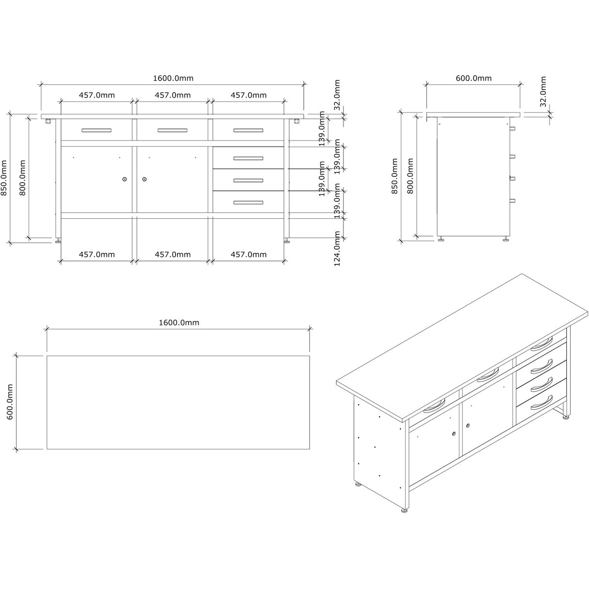 Professional Grey &Amp; Black Workshop Workbench With 30mm Wooden Desktop 6 Drawers &Amp; 2 Lockable Doors 1600x600x850mm |  Tc008