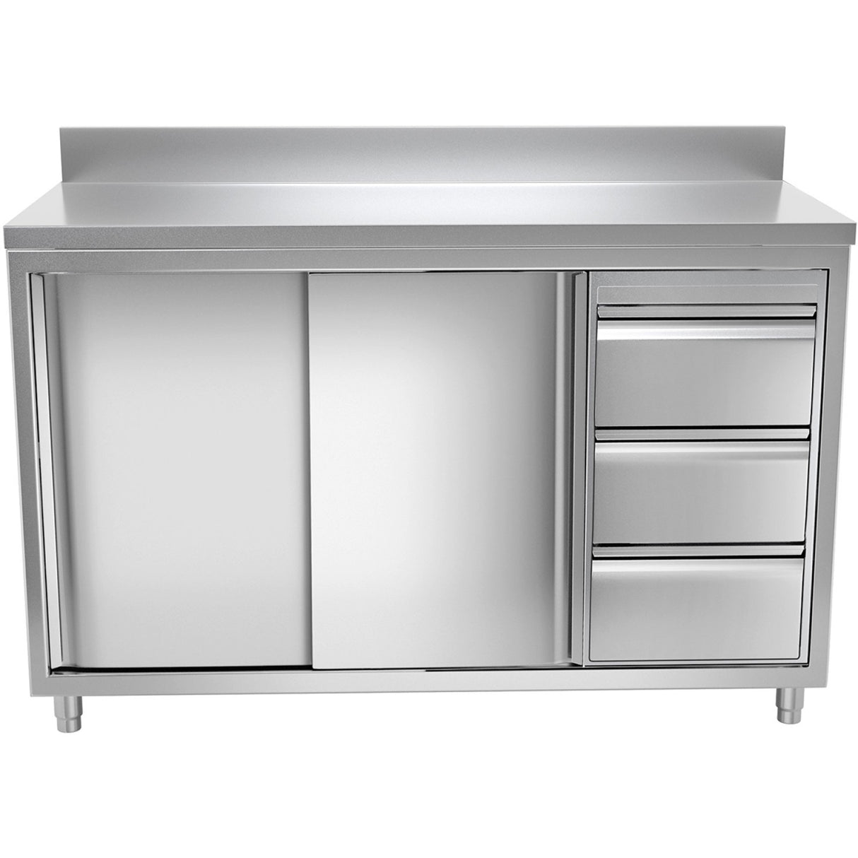 Commercial Worktop Floor Cupboard 3 Drawers Right 2 Sliding Doors Stainless Steel Width 1600mm Depth 700mm Upstand |  Thasr167 R3 A