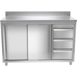 Commercial Worktop Floor Cupboard 3 Drawers Right 2 Sliding Doors Stainless Steel Width 1600mm Depth 700mm Upstand |  Thasr167 R3 A