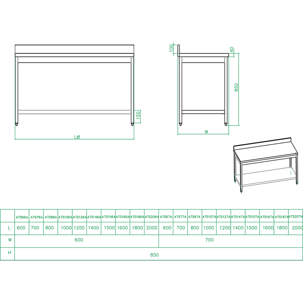 Professional Work Table Stainless Steel Bottom Shelf Upstand 700x700x900mm |  Thats77 A