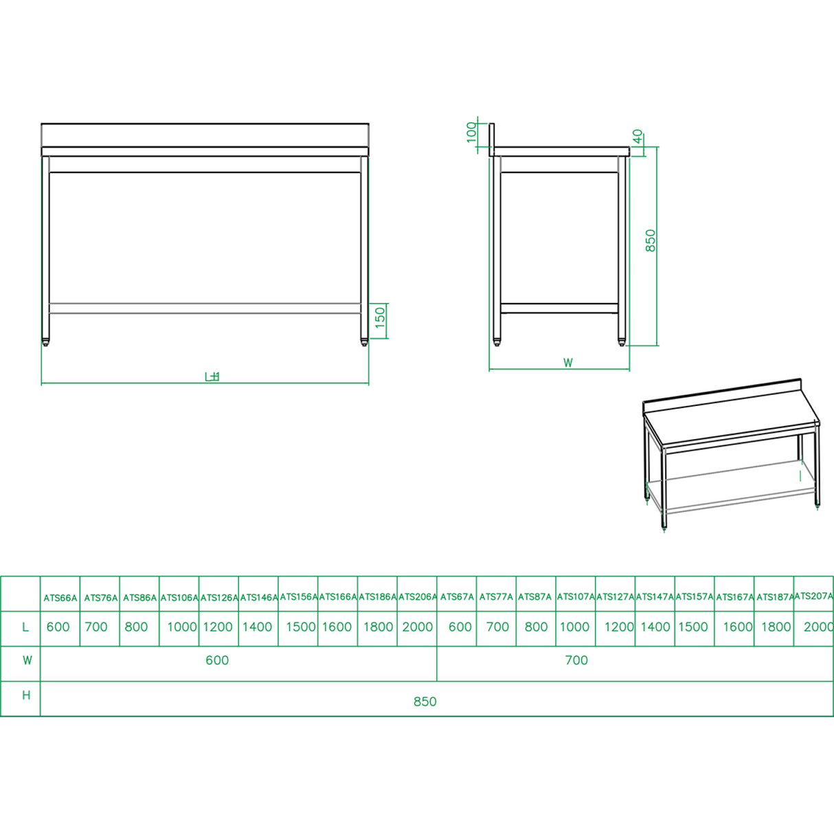 Professional Work Table Stainless Steel Bottom Shelf Upstand 2000x700x900mm |  Thats207 A