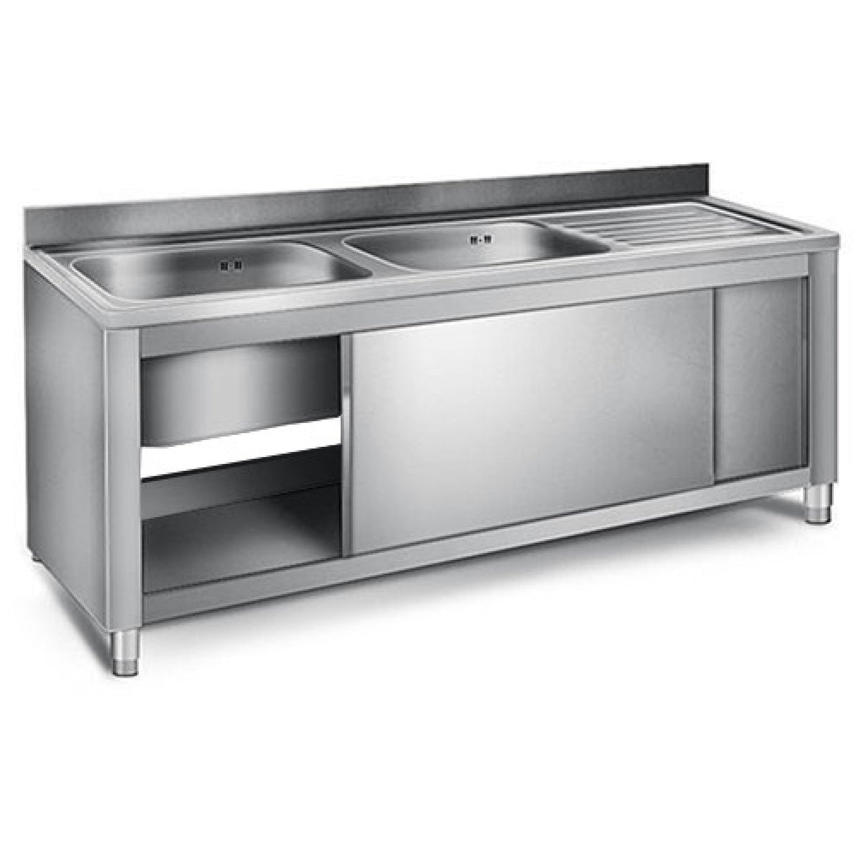 Commercial Sink With Cupboard Stainless Steel 2 Bowls Left Splashback Width 1800mm Depth 700mm | Vsc187 Lbt