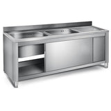 Commercial Sink With Cupboard Stainless Steel 2 Bowls Left Splashback Width 1800mm Depth 700mm | Vsc187 Lbt