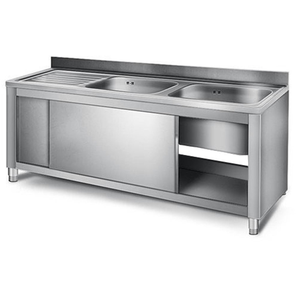 Commercial Sink With Cupboard Stainless Steel 2 Bowls Right Splashback Width 1800mm Depth 600mm | Vsc186 Rbt