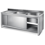 Commercial Sink With Cupboard Stainless Steel 2 Bowls Right Splashback Width 1800mm Depth 600mm | Vsc186 Rbt