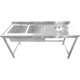 Commercial Stainless Steel Double Sink With 2 Left Bowls &Amp; Right Scrapping Hole + Splashback 1500x700x950mm | Whstt1570 L